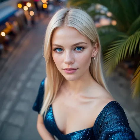 (selfie, top view: 1.4), (straight half of the body: 1.4), RAW UHD portrait photo of a 24-year-old platinum blonde (blue-eyed woman) walking down on the beach, palm trees, (skirt), (neckline), details (textures! , hair! , glitter, color!! , disadvantages: ...