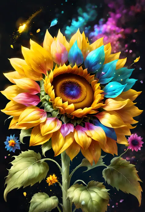 digital art details the best masterpieces, best quality, ((crystal clear delicate sunflower))，colorful diamonds as background，el...