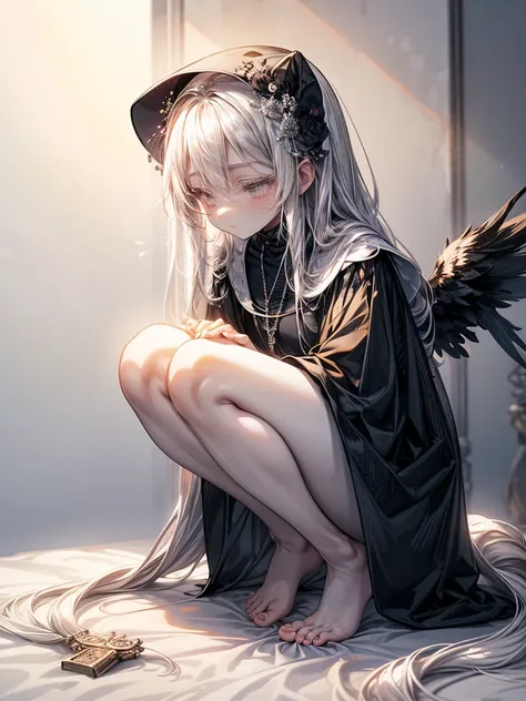 fully body photo，The barefoot，tightsuo girl, kawaii, silber hair, the angels wings, Angelic, angel ring, lock, Blindfold your eyes with a black cloth, White flowers, The white, pure white, silvery white