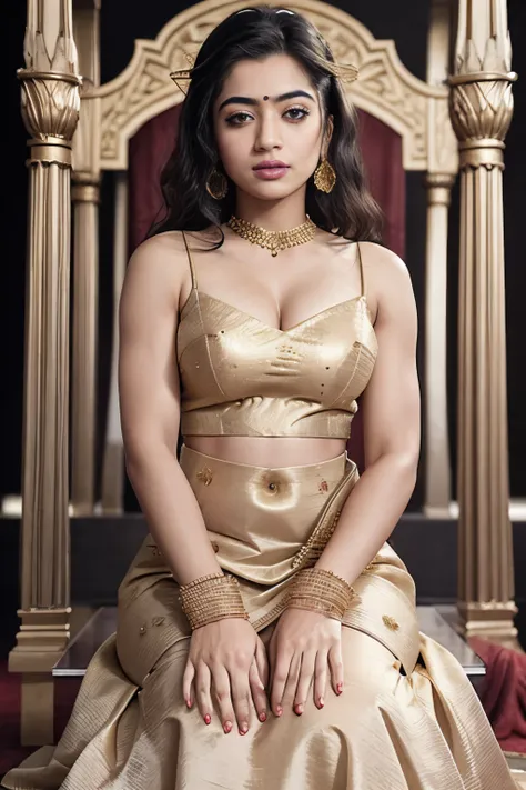 a hot latina girl prtrayed as a tamil queen, dressed in a golden couloured dress which is elegant yet sexy, her curves are visib...