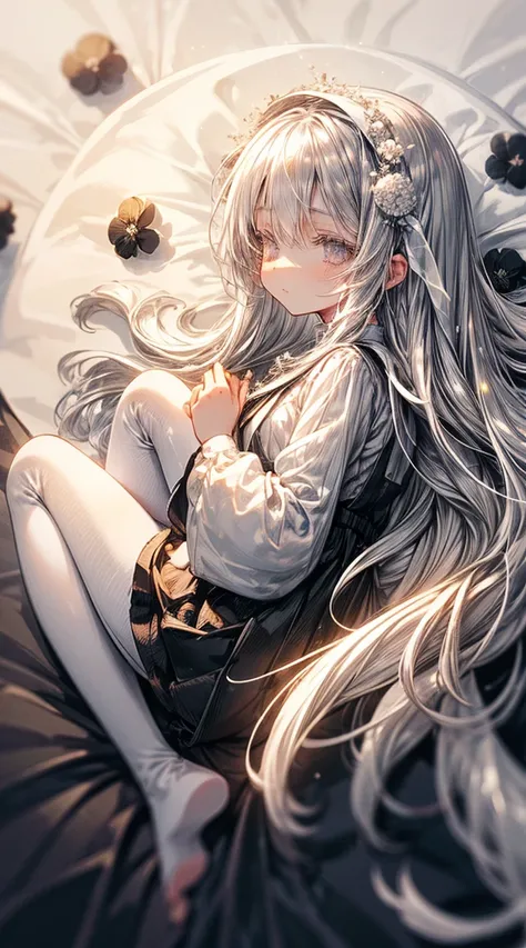 Full body photo，Barefoot，Tights girl, kawaii, silber hair, the angels wings, Angelic, angel ring, locks, Blindfold your eyes with a black cloth, White flowers, The white, pure white, silvery white