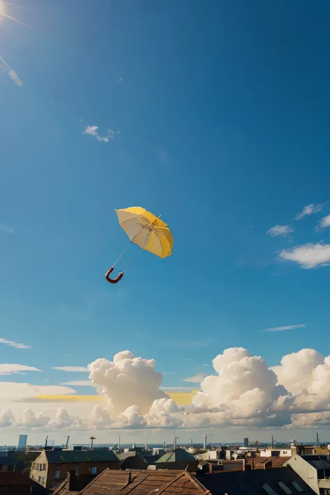 Only sky, yellow umbrella flying，animated cartoon，High quality wide angle