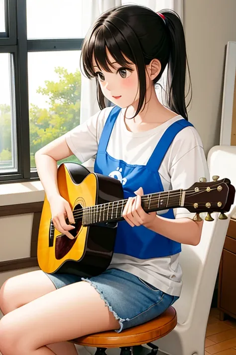 a cute girl playing a guitar in her room,a cat is sitting near window and watch out,the girl wearing a jersy and short pant,girl is sitting in a chair