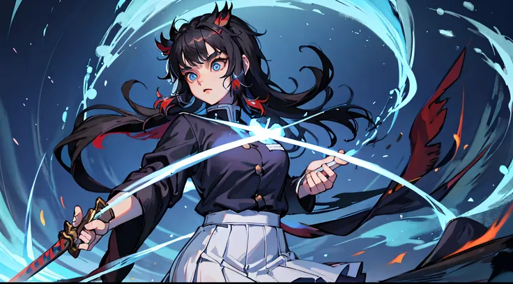 Kawaii Girl、Blue eyes、Black hair、I have bangs、Demon Killing Squad Clothing、Wearing a white haori、skirt by the、fancy blue flames in the background、There is a sword highlighted、a crow is flying nearby、