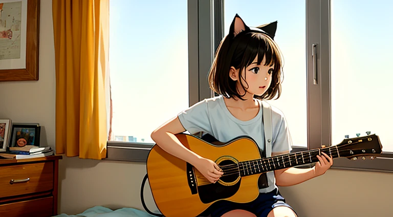 a cute girl playing a guitar in her room,a cat is sitting near window and watch out,the girl wearing a jersy and short pant,girl is sitting in a chair,wearing a cat hair band,