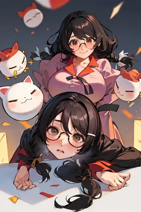 stema peace、hanekawa tsubasa、attack of glasses、a dark-haired、large boob、 (black hair, brown eyes, round face),with ribbon, (nose...