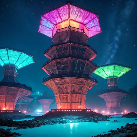 Alien Hexagonal Base (very detailed nipples) In a hexagonal mountain oasis，There are several hexagonal exhaust fans and chimneys, some neon lights projecting from the base，Light up the dark night), There are some clouds in the night sky, Some surrounding p...