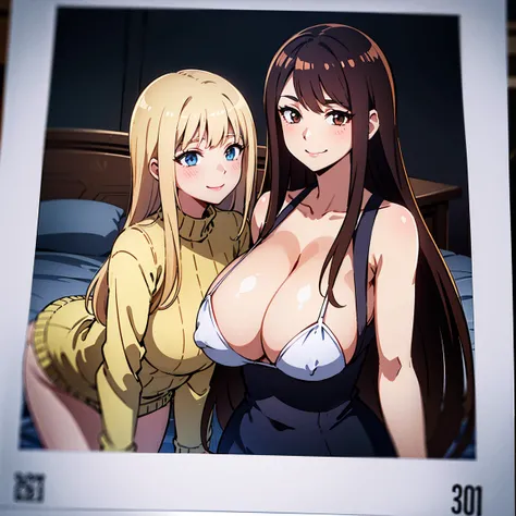 ((1boy), 2women), Sexy mom in bed with her young son, Picture of a Polaroid, grainy, hot sweet innocent young European milfs and their young son, with blonde and brown hair having a fun sexy party on island, (sweater), showing off their curves and smiling,...