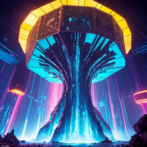 Alien Hexagonal Base (very detailed nipples) In a hexagonal mountain oasis，There are several hexagonal exhaust fans and chimneys, some neon lights projecting from the base，Light up the dark night), There are some clouds in the night sky, Some surrounding p...