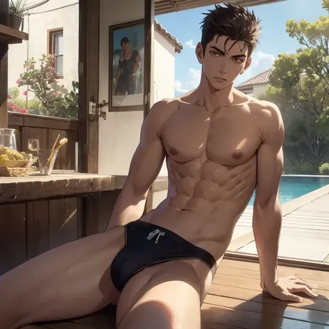 cuerpo completo, fullbody, un chico en tanga, 20-year-old man, muy delgado delgado, slim, slender, cuerpo completo, musculos realistas detallados, alto, wearing swimmsuit, cuerpo proporsinado, anatomia perfecta, esbeldo, hermoso, rostro simetrico, sin cami...