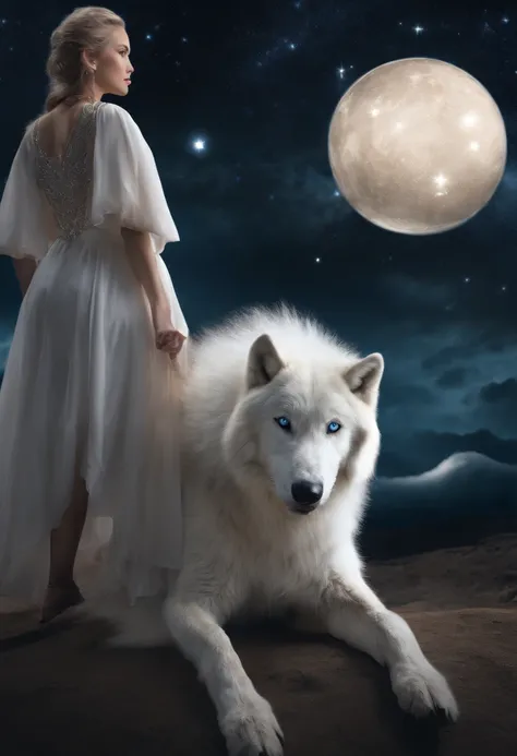 ((White wolf and girl)), (huge wolf), (a huge white wolf guards a beautiful girl), motion, running in front, forward bend, blue eyes, The white wolf&#39;s fur glows with silver sparks, (VERY Young Girl), (girl 16 years old) lips ajar, blue eyes, Blonde gir...