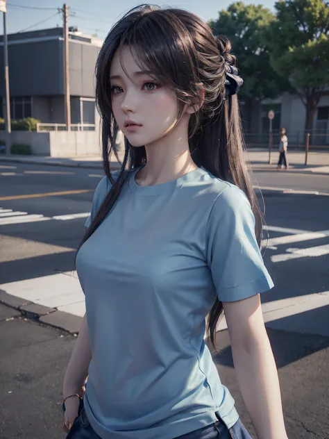 Anime girl with long hair and blue shirt posing for photo, realistic anime 3D style, 3 d anime realistic, photorealistic anime, photorealistic anime girl rendering, smooth anime cg art, Anime style 3D, Realistic anime art style, Anime realistic style, styl...