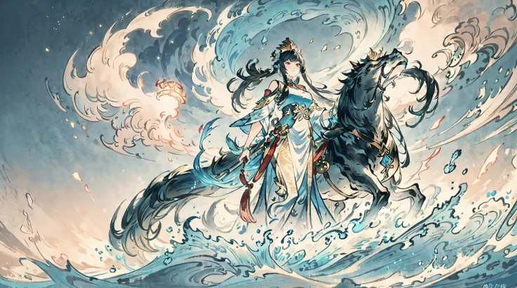 Photos taken from video games，Showing a woman wearing a long dress, shadow poetry style, Shadowverse character concept, ( ( AI Art God King ) ), Queen of the Sea Mu Yanling, shadowverse, author：heroes, Beautiful celestial mage, Starting from the night of t...