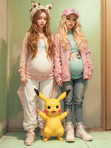 my&#39;Im pregnant，Dressed in pink，long whitr hair，Pikachu and my friend Vanessa next to me