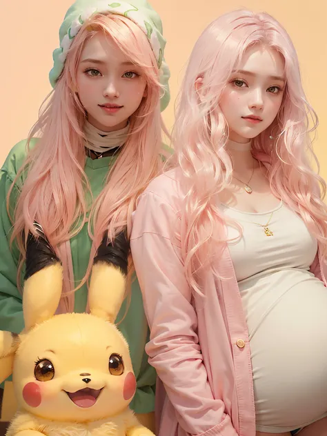 my&#39;Im pregnant，Dressed in pink，long whitr hair，Pikachu and my friend Vanessa next to me