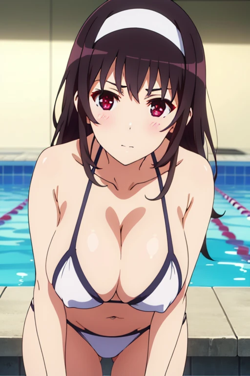 Anime style、Best Quality、high-level image quality、hight resolution、1girl in、huge tit、looking at viewer、A dark-haired、Long、White headband、red eyes、Beautiful eyes、blush lightly on the cheeks、The bikini、swimming pools、Kasumigaoka Utaha