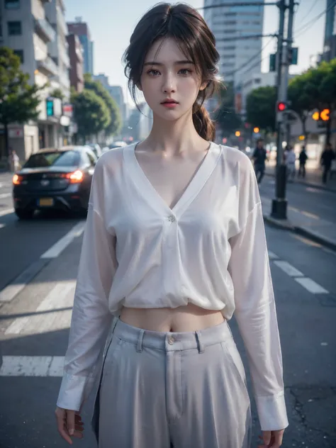 (((Photorealistic photography))),, sportrait, (Scared face:1.3),, beuaty girl, looking at viewert, , (校服:1.2), shirt buttons and pants, , (plumw:1),, In Japan streets, (ambient details:1.3),, (RAW photogr, CG unification, photography of, hyper realistic de...