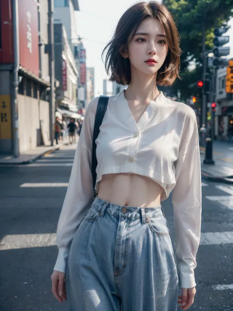 (((Photorealistic photography))),, sportrait, (Scared face:1.3),, beuaty girl, looking at viewert, , (校服:1.2), shirt buttons and pants, , (plumw:1),, In Japan streets, (ambient details:1.3),, (RAW photogr, CG unification, photography of, hyper realistic de...