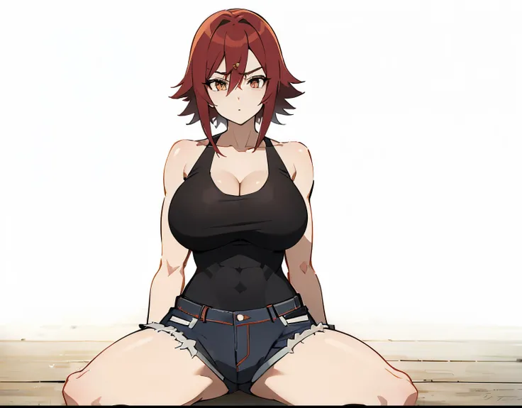 Anime girl with red hair sitting on the floor in seiza style, an anime girl, anime style character, garments:Black tank top, girl wearing denim shorts, In anime style, huge tit, with large breasts, anime styled, Anime style, Muscular woman, knights of zodi...