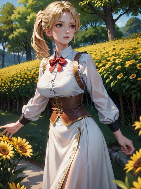 realisticlying,actual, Alone, realisticlying, Best quality at best, 超高分辨率, 1个Giant Breast Girl,, , blond hairbl，pony tails, Wearing a vest skirt, A gentle breeze blows through the meadow,, , 1个Giant Breast Girl,, The beautiful, tmasterpiece, Best quality a...