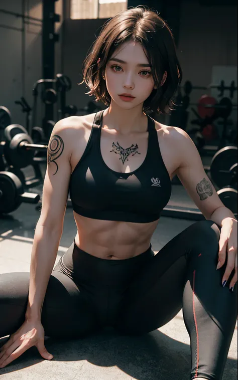 (best quality) Detailed sportswear girl, short hair, sitting on the gym floor, spread legs, wearing an intricate leggings and sports bra, highlighting the slight abs, while the chest tattoo adds a cinematic touch to the scene amidst the black tattoo, and c...