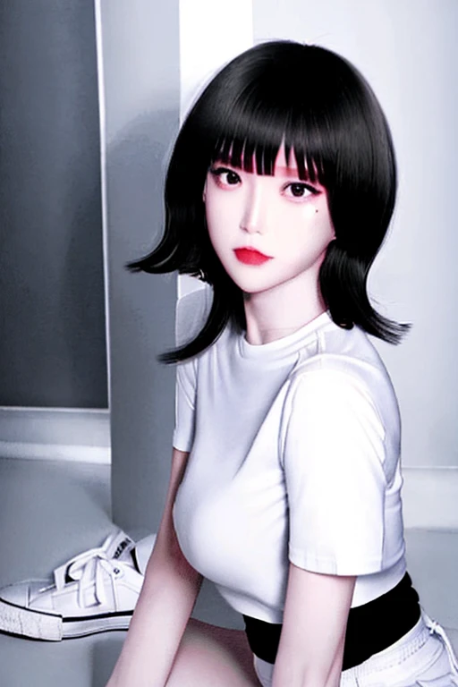 hiquality、highcontrast８ｋ、A cute woman with a classy atmosphere、Short bob with black hair、It seems quiet、Idle face、Eyes that attract men&#39;s hearts、Slender body、white t-shirt and red miniskirt、White sneakers、