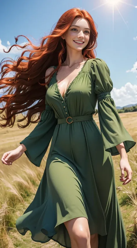 Beautiful, 23 year old European woman, red hair, long hair, curly hair, perfect face, sharp features, thousands of freckles, smiling, laughing, happy, bright blue eyes, cleavage, small breasts, skinny, olive green dress with sleeves, walking, windy, sunny,...