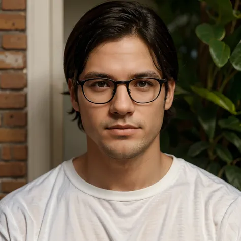 White boy with black hair and brown eyes wearing glasses, medium face, olhos redondo