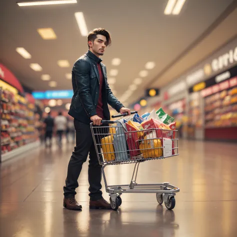 man with a trolley full of shopping in a mall, set to 1920 x 1080 resolution, ultra realistic --auto --s2