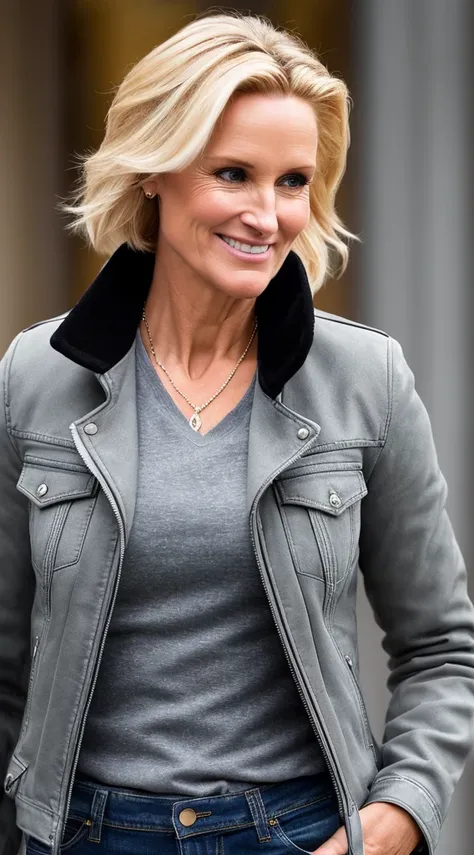 blond woman with a gray shirt and a black jacket smiling, wearing jeans and boots, butch lesbian, rough features, this person does not exist, rugged features, 40 years old, elizabeth erickson-johannen voss-celine dion-joely richardson-laura dern-annette ot...