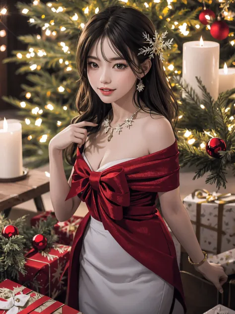 (best quality,4k,8k,highres,masterpiece:1.2),ultra-detailed,realistic,gifts,table,Christmas tree,decorations,wrapping ,bows,ribbon,presents,holiday spirit,vibrant colors,warm lighting,cozy atmosphere,toys,cards,candles,snowflakes,joyful,celebration,exquisi...