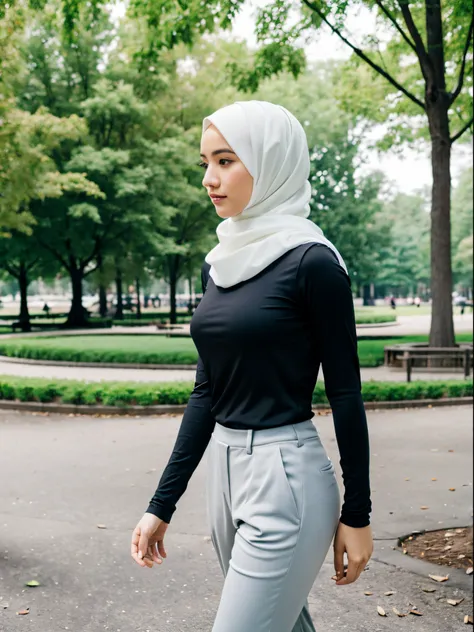 hijab, high waisted pants, city park