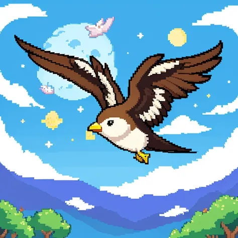 A pixel art of a cute bird flying in the sky that could be made into a copyright-free product.