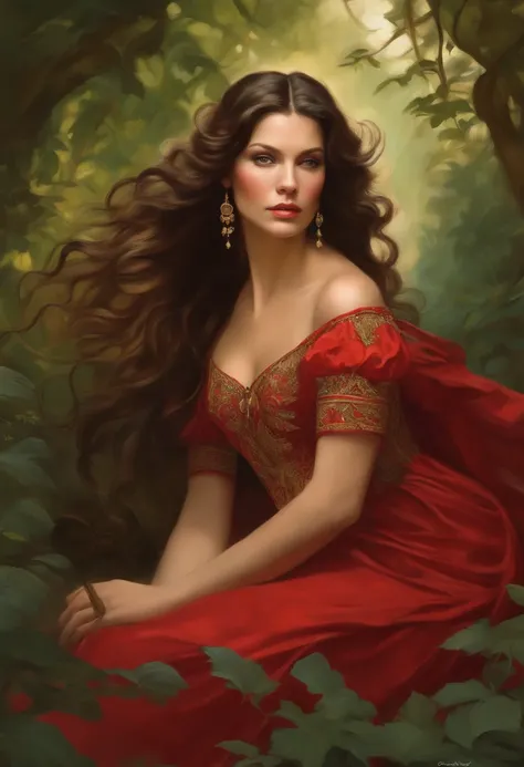 Painting of a beautiful and sexy woman, green eyes, ((with long medusa hair, falling over her shoulders)) and an embroidered dress, ((Spanish gypsy, from the Victorian Era)), ((Catherine Zeta-Jones style)) , wearing a low-cut red dress with a V-neck corset...