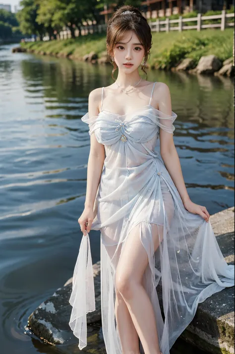 Sweet girl clothes8,(gem:1.3), stlouis,（Enrich the picture，Masterpiece quality）Beautiful 8K CG artwork，Goddess-like pose，sittinng on the river，Postural exercises，Thin and soft，Translucent skin，curlies， Brown hair long, The skin is fair and juicy，Perspectiv...