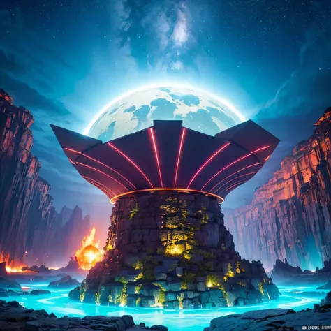 Alien Hexagonal Base (very detailed nipples) In a hexagonal mountain oasis，There are several hexagonal exhaust fans and chimneys, some neon lights projecting from the base，Light up the dark night), There are some clouds in the night sky, Some surrounding p...