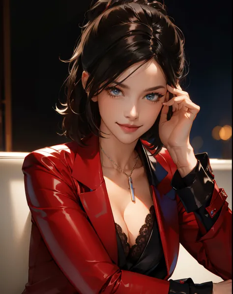 portrait photo of elexissinclaire wearing esjacket at a nightclub sitting at bar, wicked smile, (masterpiece) (best quality) (detailed) (8k) (HDR) (wallpaper) (cinematic lighting) (sharp focus) (intricate)