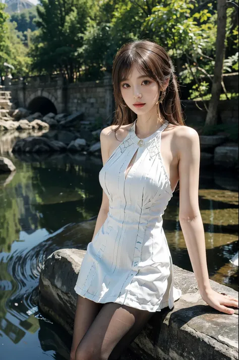 Special clothes58,white dress,pantyhose,green ribbon,striped,, stlouis,（Enrich the picture，Masterpiece quality）Beautiful 8K CG artwork，Goddess-like pose，sittinng on the river，Postural exercises，Thin and soft，Translucent skin，curlies， Brown hair long, The s...