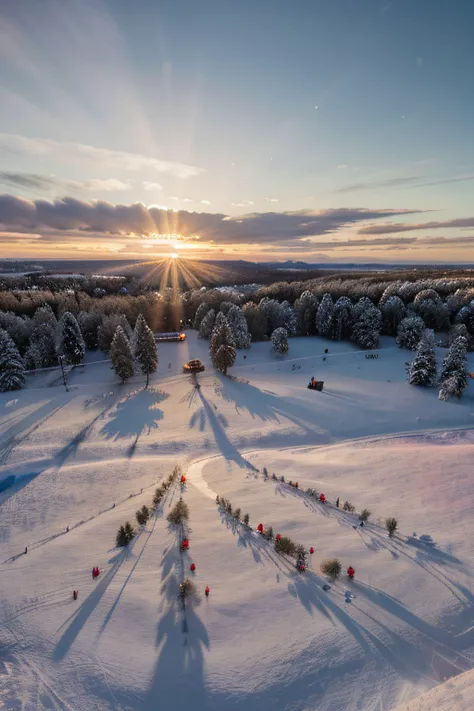 focused, 5.6f, Capture the warmth and joy of the holiday, beautiful festive Christmas tableau, golden hour, pink skies, blanket of fake snow, reminiscent of a winter, snowy landscape, drone shot,