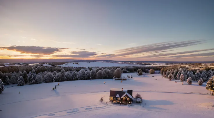 focused, 5.6f, Capture the warmth and joy of the holiday, beautiful festive Christmas tableau, golden hour, pink skies, blanket of fake snow, reminiscent of a winter, snowy landscape, drone shot,