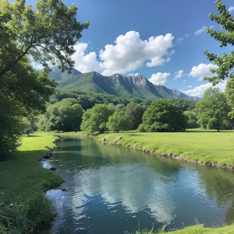 view of meadow with river water, blue sky