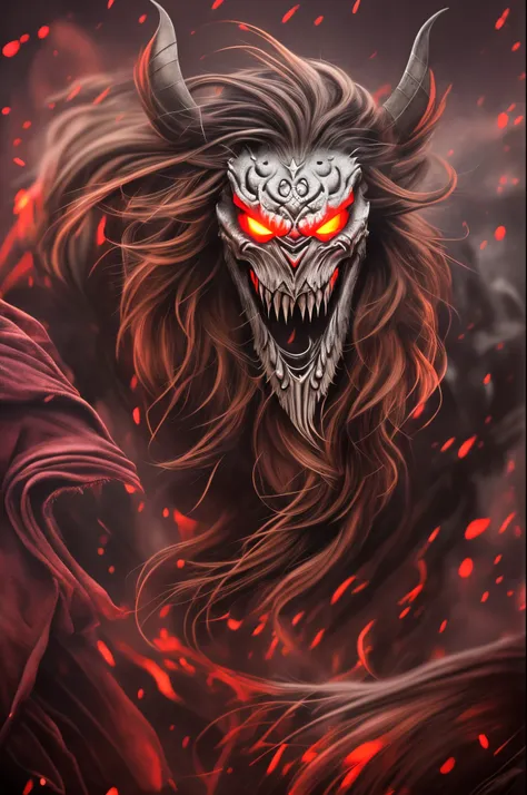 A ghastly Krampus with long, shaggy hair that swirls wildly around his terrifying face. His eyes glow a menacing red, while sharp teeth protrude from his terrifying mouth. Claw-like hands with sinister, curved claws give it a menacing presence. Its body is...