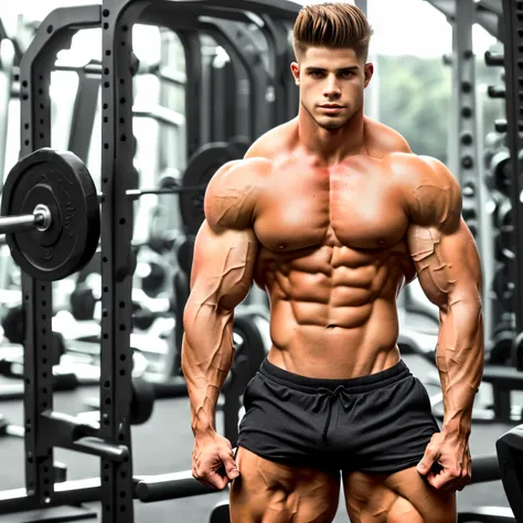 An 18-year-old boy bodybuilder, embodying the perfect fusion of Joey Lawrence and Cody Calafiore with military haircut, exuding an aura of strength and confidence. Enhanced with HDR technology, this image depicts a true masterpiece, 4K resolution, outdoor ...