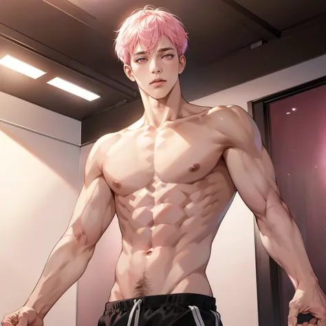 Masterpiece, high quality, best quality, HD, realistic, perfect lighting, detailed body, 1 man, pink eyes, short hair, Pink Hair, glowing white skin, abs, gym background.