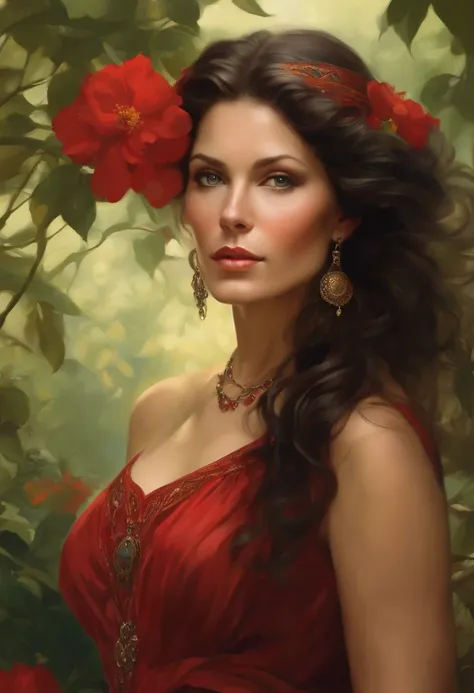 Painting of a beautiful and sexy woman, green eyes, ((with long medusa hair, falling over her shoulders)) and an embroidered dress, ((Spanish gypsy, from the Victorian Era)), ((Catherine Zeta-Jones style)) , wearing a low-cut red dress with a V-neck corset...