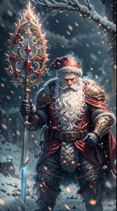 Santa Claus as the boss of the game "Dark Souls" in the Christmas DLC,best quality,4k,8k,highres,masterpiece:1.2,ultra-detailed,realistic:1.37,[HDR],[UHD],[studio lighting],extremely detailed face,beautiful detailed eyes,beautiful detailed lips,long eyelas...