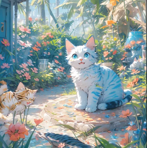 absurderes, ultra-detailliert,bright colour,(8k:1.5),masuter piece,bright landscape,blue open sky,(cat personification:1.4)、(dee...