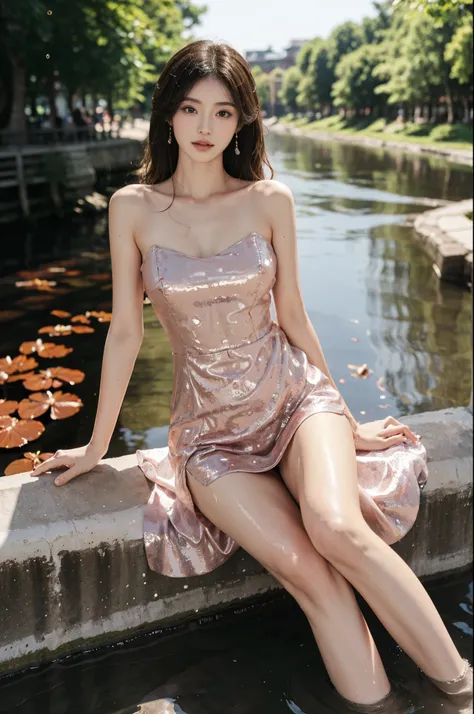 dress,, stlouis,（Enrich the picture，Masterpiece quality）Beautiful 8K CG artwork，Goddess-like pose，sittinng on the river，Postural exercises，Thin and soft，Translucent skin，curlies， Brown hair long, The skin is fair and juicy，Perspective Part 1.2x enhanced co...