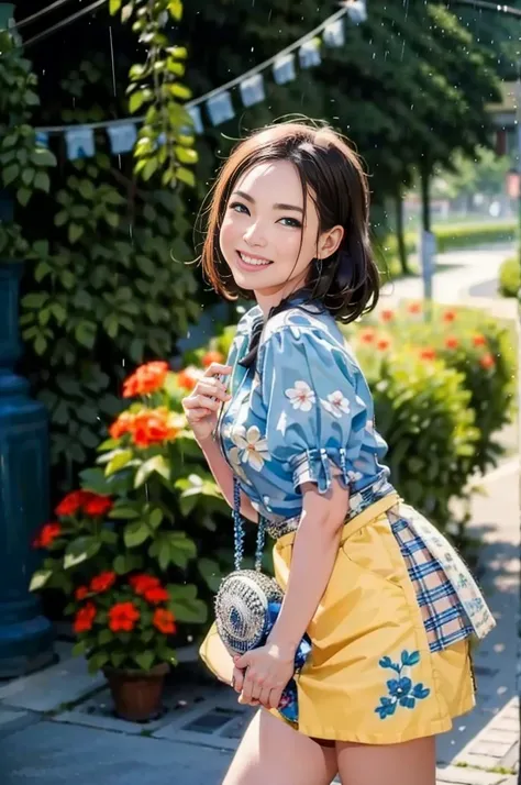 (best quality, 8k, highres, masterpiece:1.2), bright rural setting, vintage rural clothing, smiling teenage girl, fountain, ston...