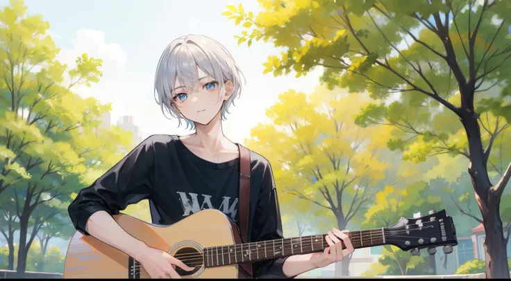 Young man playing acoustic guitar in the park、short silver hair、high-level image quality